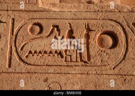 Cartouche de Ramsès II sur le côté de son colosse de Abu Simbel, Egypte Banque D'Images