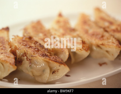 Gyoza, poêlée de quenelles de style chinois, servi sur un plateau Banque D'Images