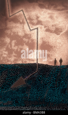 Les hommes dans un paysage surréaliste. Banque D'Images