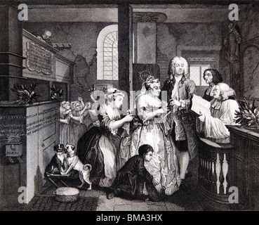 Gravure en noir et blanc à partir d'un original par William Hogarth b1697, D1764 du Rake's Progress ; le mariage avec une vieille fille Banque D'Images