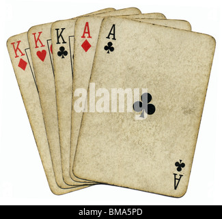 Maison pleine d'as et de Rois vintage cartes poker isolated over white. Banque D'Images