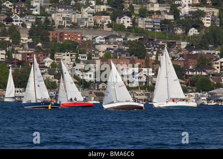 Seattle, WA voiliers sur le lac Union racing dans le canard hebdomadaire Dodge regatta Banque D'Images