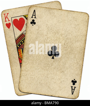 As Roi connu sous le nom de Big Slick main de poker. Vintage cartes à jouer isolé sur blanc. Banque D'Images