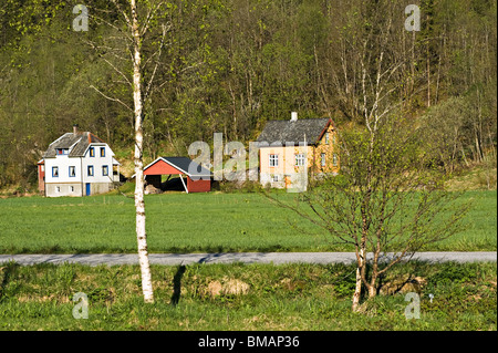 Belle maison individuelle maisons norvégiennes dans le hameau de Boyum avec Colline forestiers Fjaerland Norvège Banque D'Images