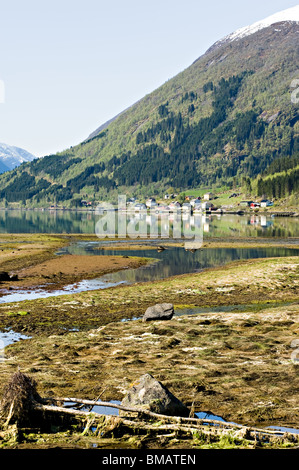 Vue vers le bas en direction du Fjaerlandsfjorden Mundal Boyum Fjaerland Sogn Norvège Banque D'Images