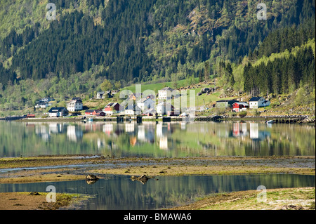 Vue vers le bas en direction du Fjaerlandsfjorden Mundal Boyum Fjaerland Sogn Norvège Banque D'Images