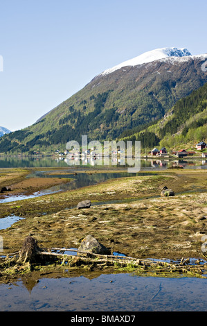 Vue vers le bas en direction du Fjaerlandsfjorden Mundal Boyum Fjaerland Sogn Norvège Banque D'Images