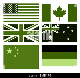 Ensemble de grands drapeaux de pays en eco green couleurs, isolé sur fond blanc. Banque D'Images