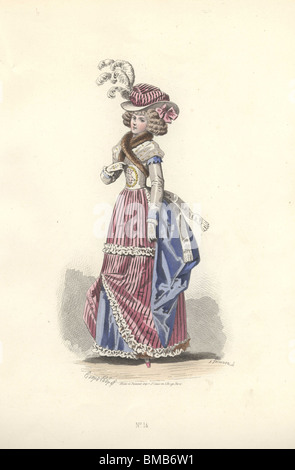 Femme en habit tricolore révolutionnaire : rouge et blanc à rayures bonnet et écharpe bleu, robe et jupe bleu. Banque D'Images