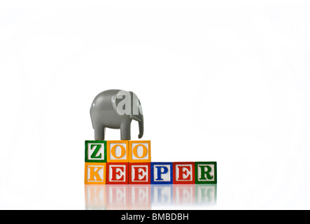 Enfants colorés blocks spelling gardien de zoo avec un éléphant Banque D'Images