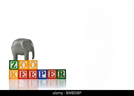 Enfants colorés blocks spelling gardien de zoo avec un éléphant Banque D'Images