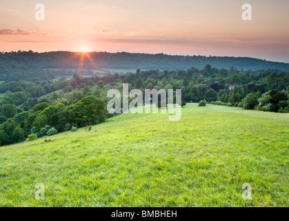 Coucher du soleil à Fort Hill, North Downs, Dorking, Surrey, UK Banque D'Images