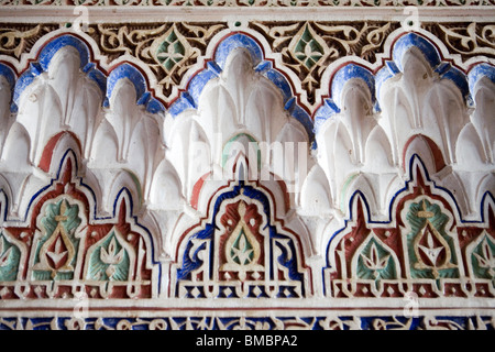 Détail du mur , El Bahia Palace , Marrakech , Maroc , Afrique du Nord Banque D'Images