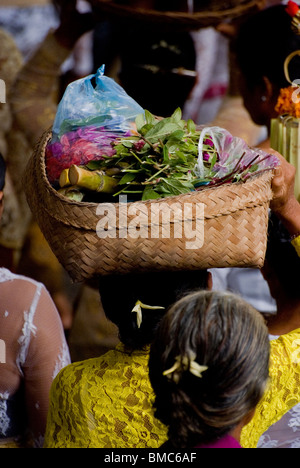 Les femmes apportent des offrandes au temple magnifique au marché public à Ubud, Bali, sur le haut hindou jour saint de Galungan. Banque D'Images