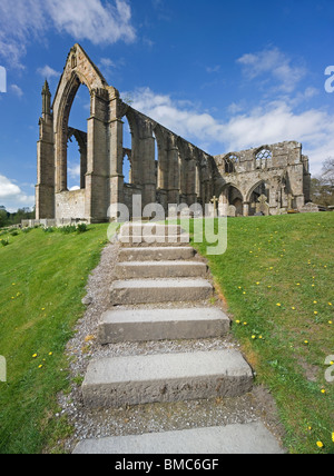 Étapes menant aux ruines de l'abbaye de Bolton, un prieuré augustinien, près de Skipton, Wharfedale, Yorkshire, UK Banque D'Images