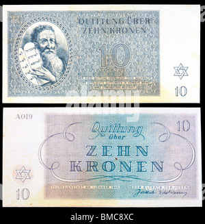 L'argent du Ghetto de Teresienstadt (1943) émis par des Nazis. Moïse tenant les Dix Commandements. Zehn Kronen / dix couronnes Banque D'Images