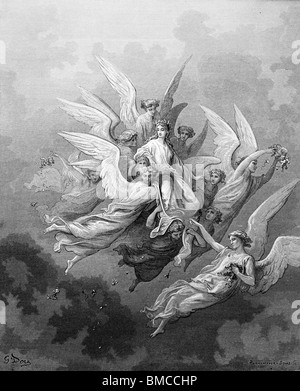 Gravure de Gustave Doré de la Divine Comédie de Dante Alighieri, cent chantant anges apparaissent transportant Beatrice Banque D'Images