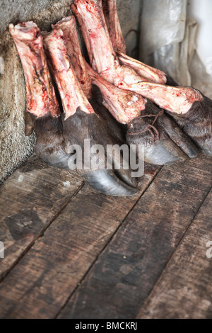 Sabots de boeuf à vendre à une chambre froide, Kochi, Kerala, Inde Banque D'Images