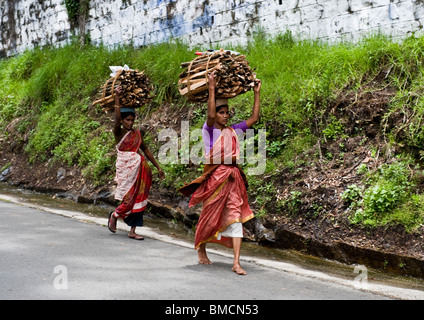 Deux femmes marchant en descente sur la tenue de route et de transporter de grosses liasses de bois pris en charge avec des coussins en tissu sur la tête. Banque D'Images