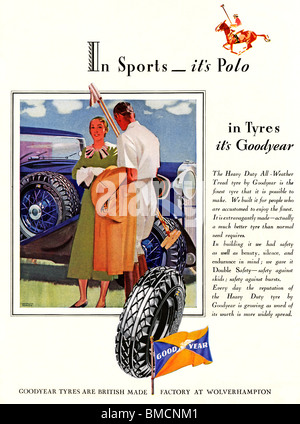 Pneus Goodyear, Polo, 1934 English annonce pour les pneus de voiture américaine un thème du sport équestre Banque D'Images