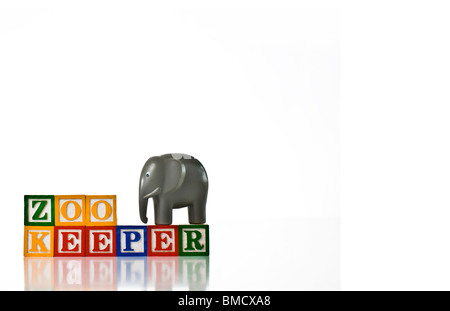 Enfants colorés blocks spelling gardien de zoo avec un éléphant Banque D'Images