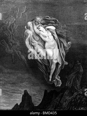 Gravure de Gustave Doré tirée de la Divine Comédie de Dante Alighieri 'Inferno' ou 'visions of Hell' ; Dante et Virgile rencontrent le Lustful Banque D'Images