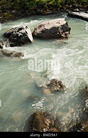 Les eaux de ruissellement vert pâle du Flatbreen et Supphellebreen glaciers forment la rivière au débit rapide, la Norvège Fjaerland Banque D'Images