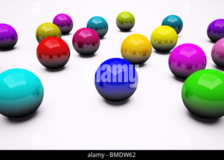 Boules multicolores fond chrome 3D render Banque D'Images