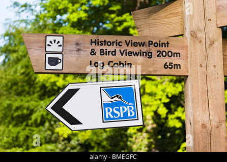 Signes à Symonds Yat pointant à vue pour observer les oiseaux nicheurs Banque D'Images