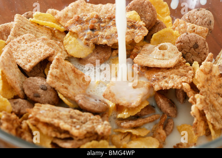 Verser le lait sur les flocons de maïs bol. Banque D'Images