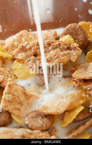 Verser le lait sur les flocons de maïs bol. Banque D'Images