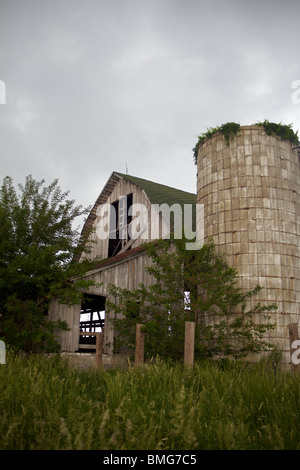 Vieux, gris, grange abandonnée et envahi par une autre tempête résister à Silo Banque D'Images