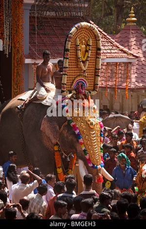 L'Inde, le Kerala, Koorkancherry Thaipooya Maheswara, Temple Sree Mahotsavam festival, caparisoned eléphant en foule Banque D'Images