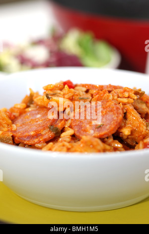 Poulet Cajun épicé frais et Chorizo Jambalaya servi dans un bol avec aucun peuple Banque D'Images