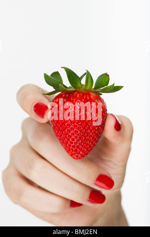 Hand holding red strawberry Banque D'Images