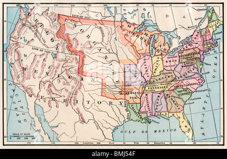 Carte des États-Unis en 1830. Lithographie couleur Banque D'Images