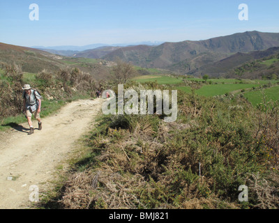 Pilgrim dans O Cebreiro mountain. La Galice. L'Espagne. Chemin de Saint Jacques Banque D'Images