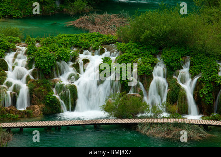 L'eau s'écoule en cascades dans le lac du parc national de Plitvice (Croatie) Banque D'Images