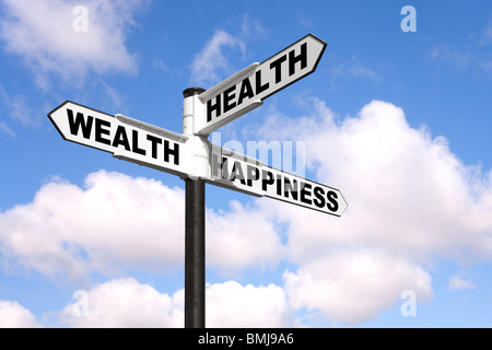 Panneau noir et blanc avec les mots de la santé, richesse et bonheur contre un bleu ciel nuageux. Banque D'Images