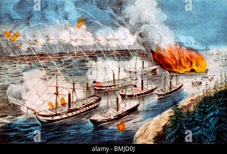 La flotte de l'amiral Farragut engager les batteries rebelles à Port Hudson, mars, 14e 1863 - Guerre civile USA Banque D'Images