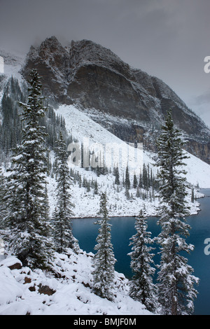 Une neige fraîche au lac Morraine dans la vallée des Dix-Pics, Banff National Park, Alberta, Canada Banque D'Images