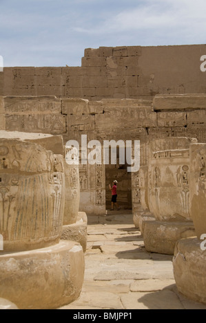 Egypte, Louxor, Cisjordanie, Médinet Habou Temple (aka Djanet). Hiéroglyphiques sculptés très cour couverte de colonnes. Banque D'Images