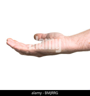 Ouvrez Palm geste de la main de l'homme part isolés contre fond blanc. Banque D'Images