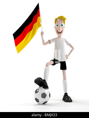 Smiling cartoon style joueur de foot avec ballon et drapeau allemagne Banque D'Images