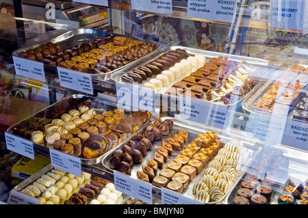 Le fumet affichage des chocolats faits main dans une boutique. Banque D'Images