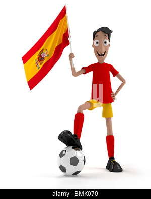 Smiling cartoon style joueur de foot avec ballon et drapeau espagne Banque D'Images