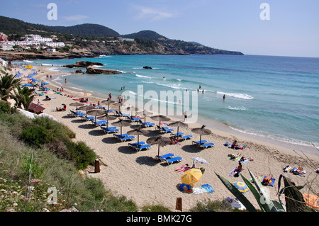 Vue sur la plage, Cala Tarida, Ibiza, Baléares, Espagne Banque D'Images