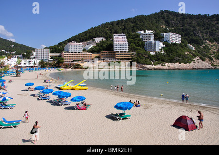 Vue sur la plage, Cala Llonga, Ibiza, Baléares, Espagne Banque D'Images