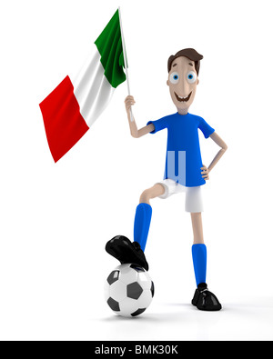 Smiling cartoon style joueur de foot avec ballon et drapeau italie Banque D'Images