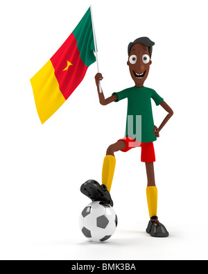 Smiling cartoon style joueur de foot avec ballon et drapeau Cameroun Banque D'Images